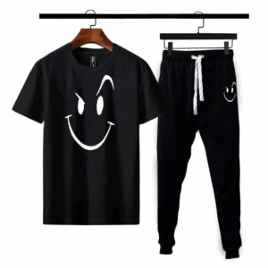 Smiley Printed Polyester Tracksuit – Black