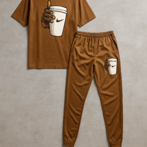Coffee Cup Printed Micro Tracksuit - Brown